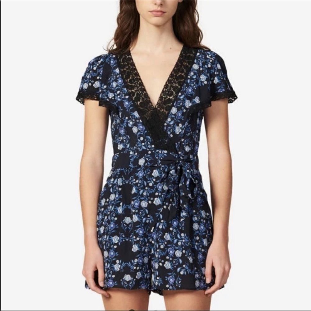 SANDRO  Paris  Womens Sz34 XS Black Blue Floral Silk Heart Romper Jumpsuit NWT